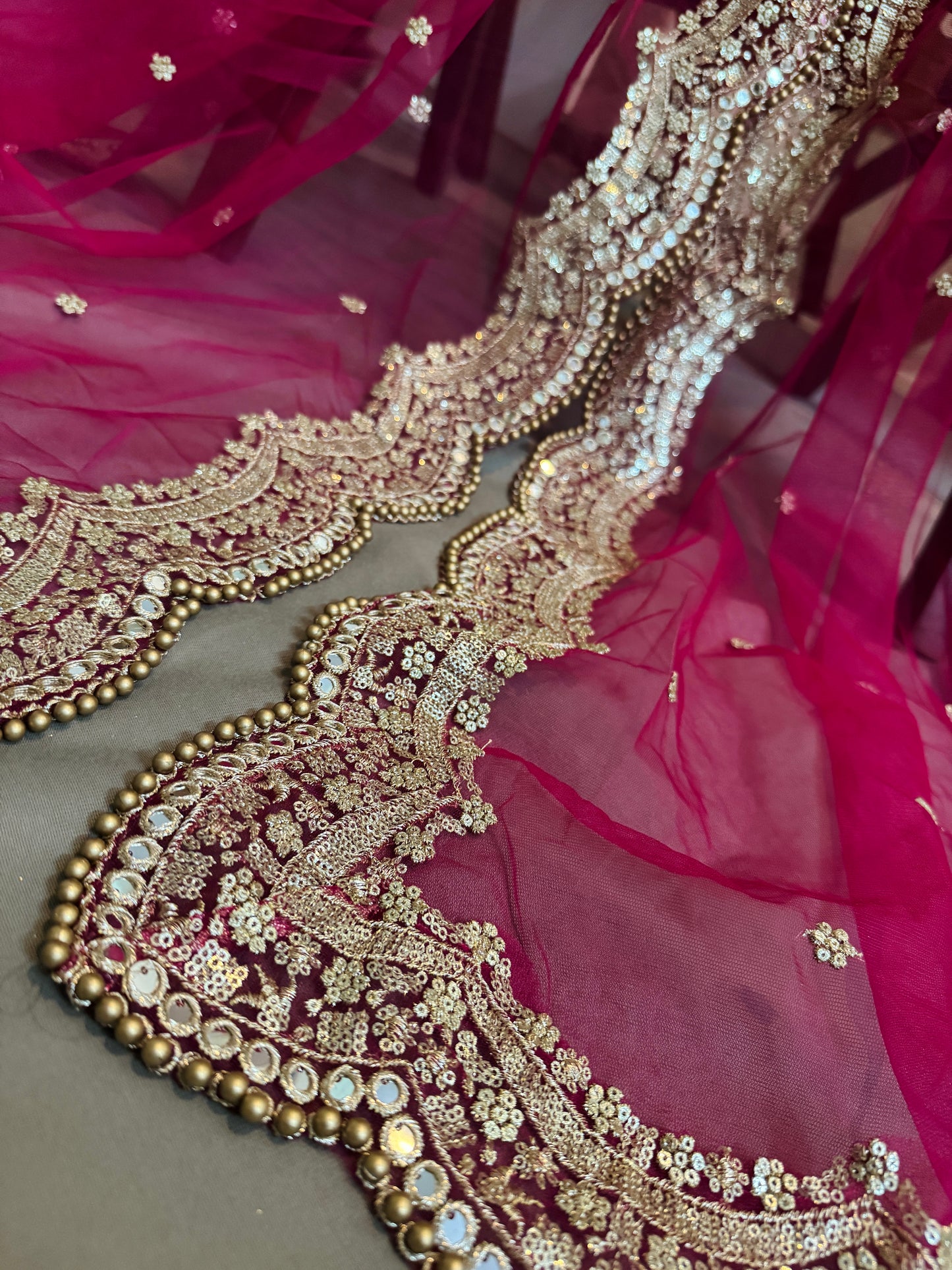 Pink Bridal Cutwork Dupatta with Zari & Mirror Work | Heavy Wedding Dupatta