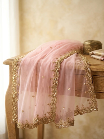 Light Pink Bridal Net Dupatta with Cutwork Border