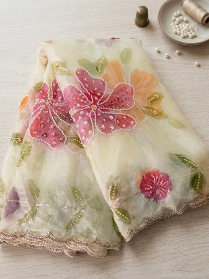 Hand Painted Organza Dupatta with Floral Art | Elegant Sheer Wrap