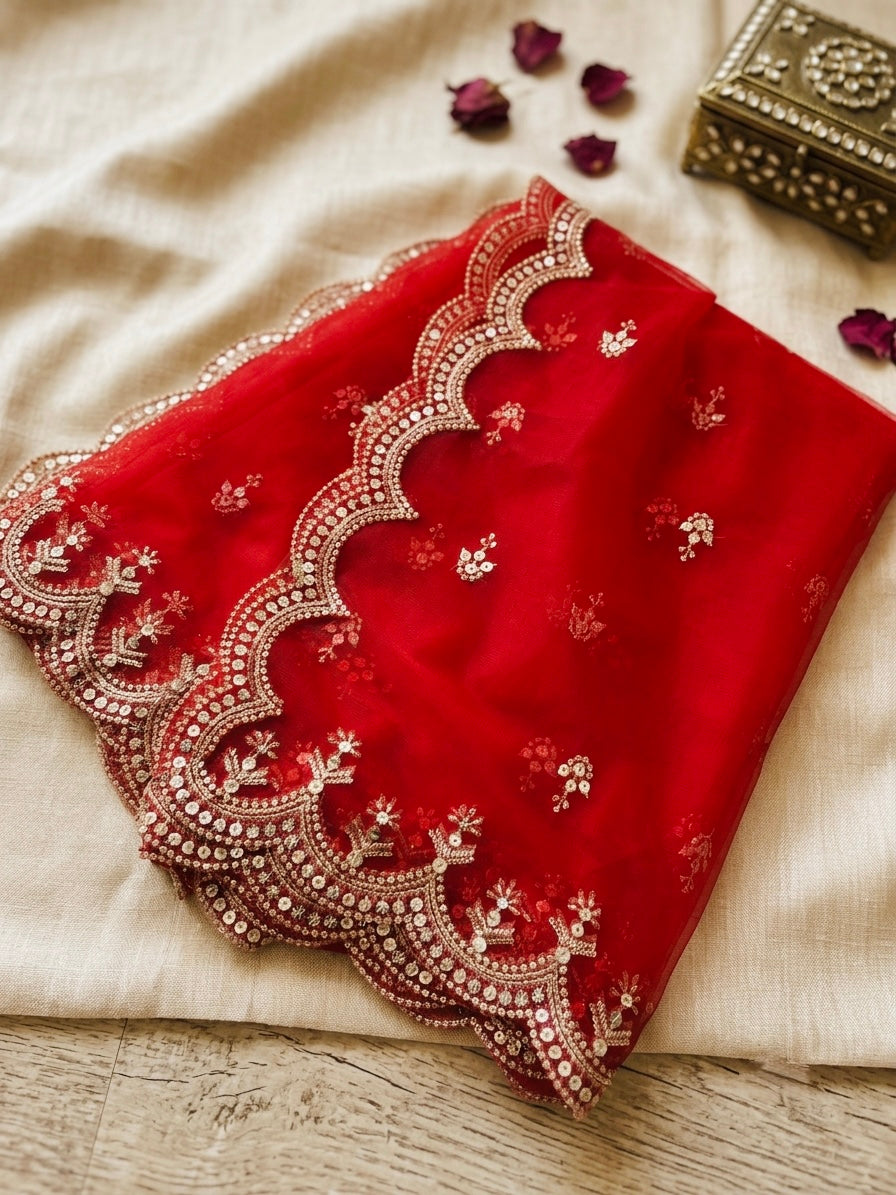 Red Bridal Net Dupatta with Sequins & Zari Cutwork Border