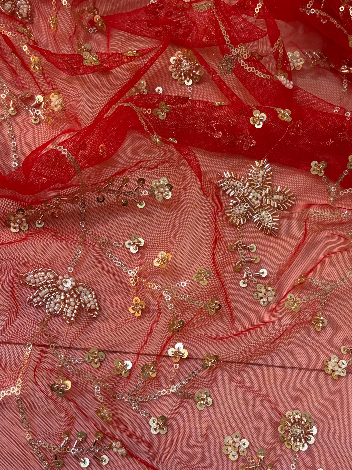 Heavy Red Bridal Net Dupatta with Sequin & Bead Embroidery