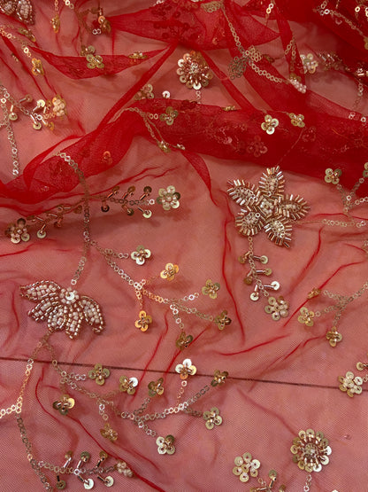 Heavy Red Bridal Net Dupatta with Sequin & Bead Embroidery