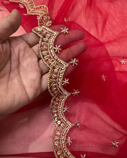 Red Bridal Net Dupatta with Zari & Beads Work – Wedding & Festive Wear
