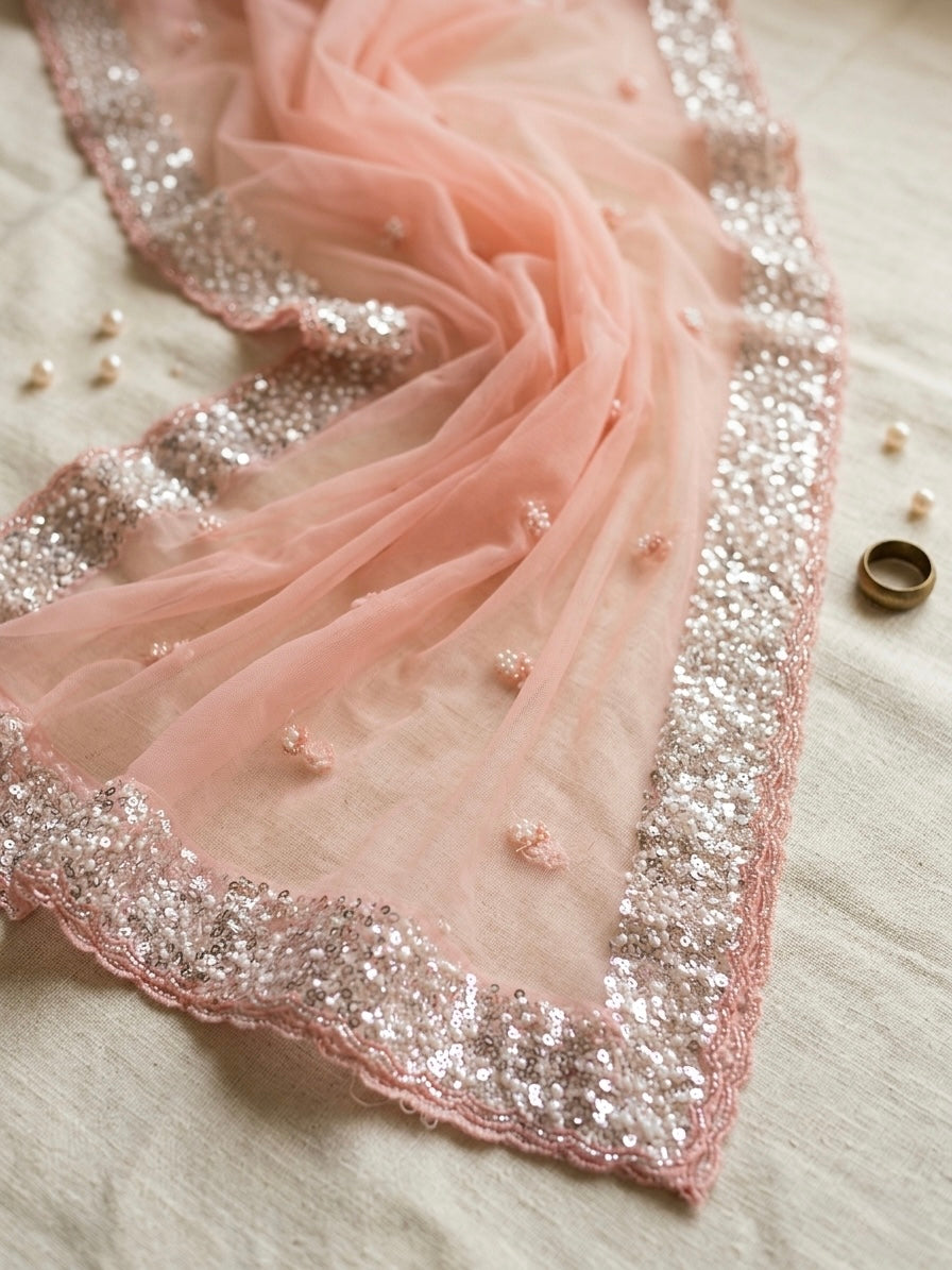 Light Pink Net Dupatta with Silver Sequin & Pearl Work
