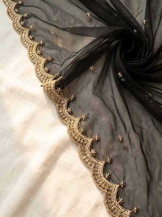Black Bridal Net Dupatta with Zari & Beads Work