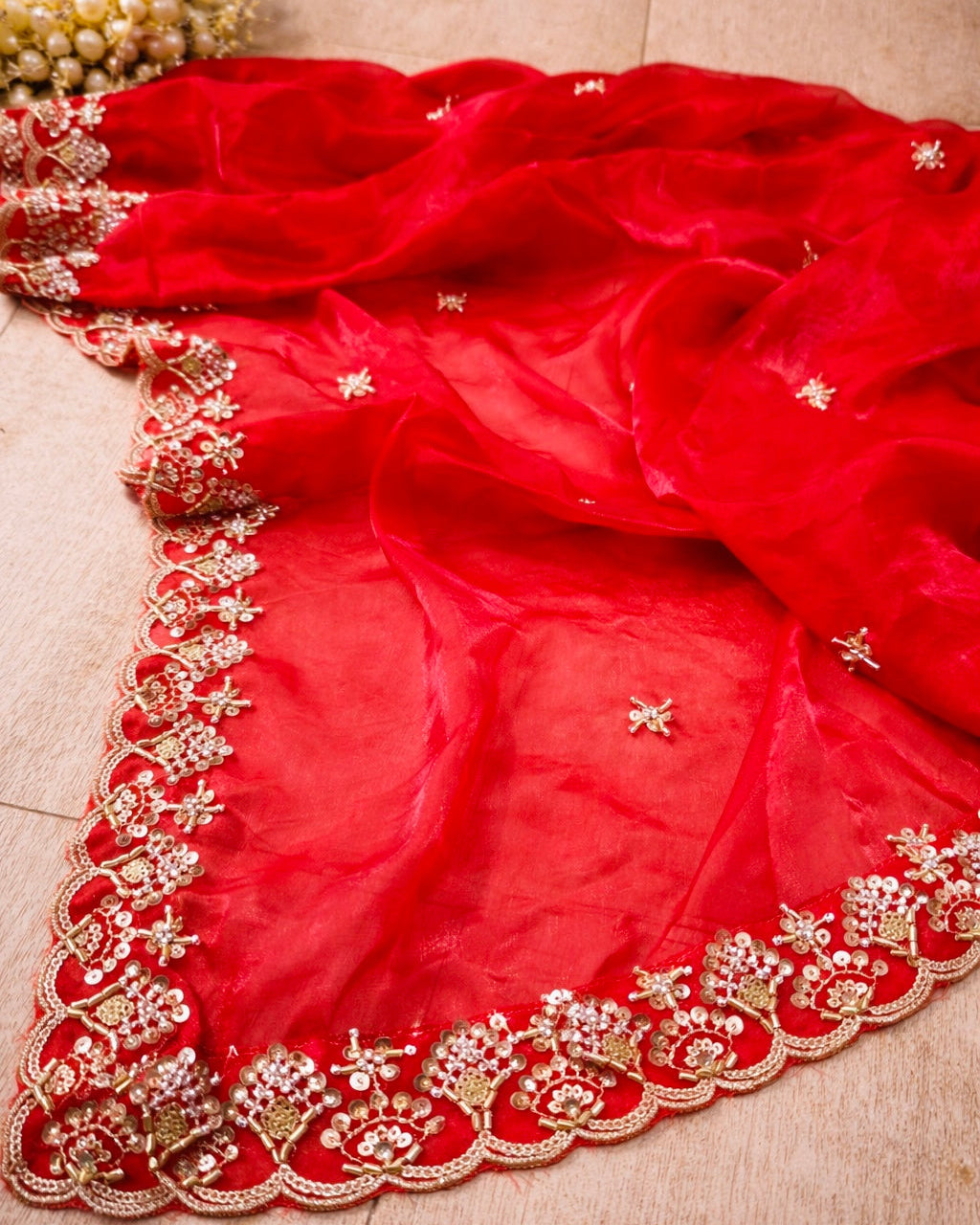 Red Bridal Silky Dupatta with Beads & Sequins Work