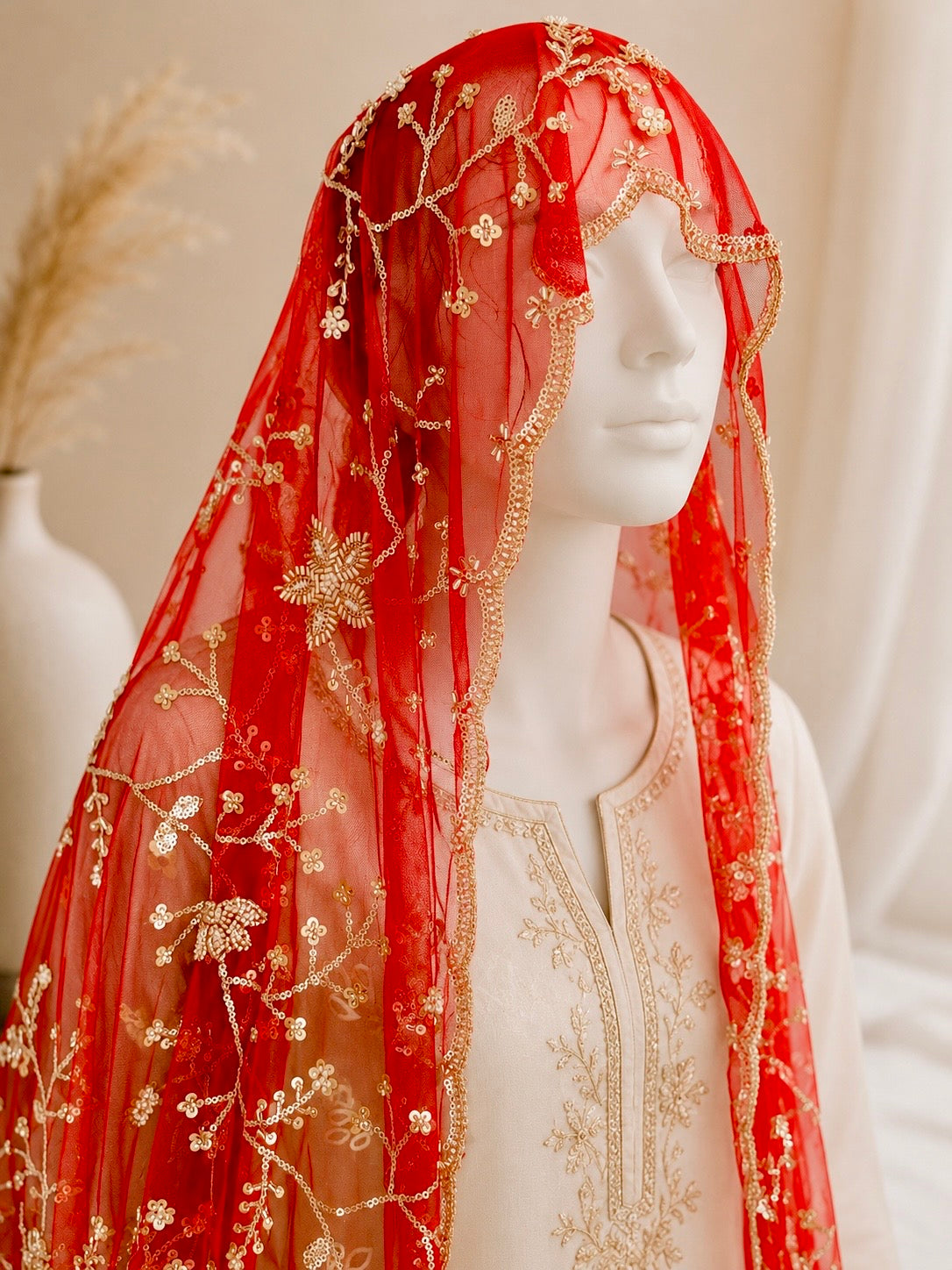Heavy Red Bridal Net Dupatta with Sequin & Bead Embroidery