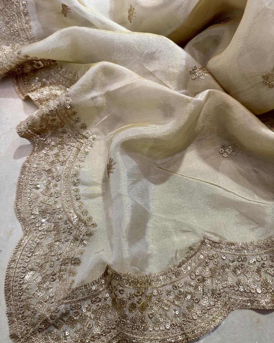 Luxury Golden Tissue Silk Dupatta with Zari Border | Wedding & Festive Wear