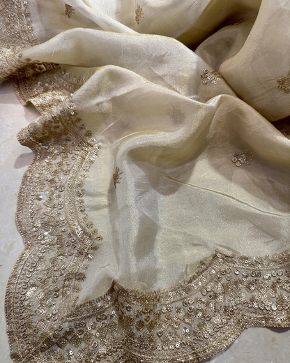 Luxury Golden Tissue Silk Dupatta with Zari Border | Wedding & Festive Wear