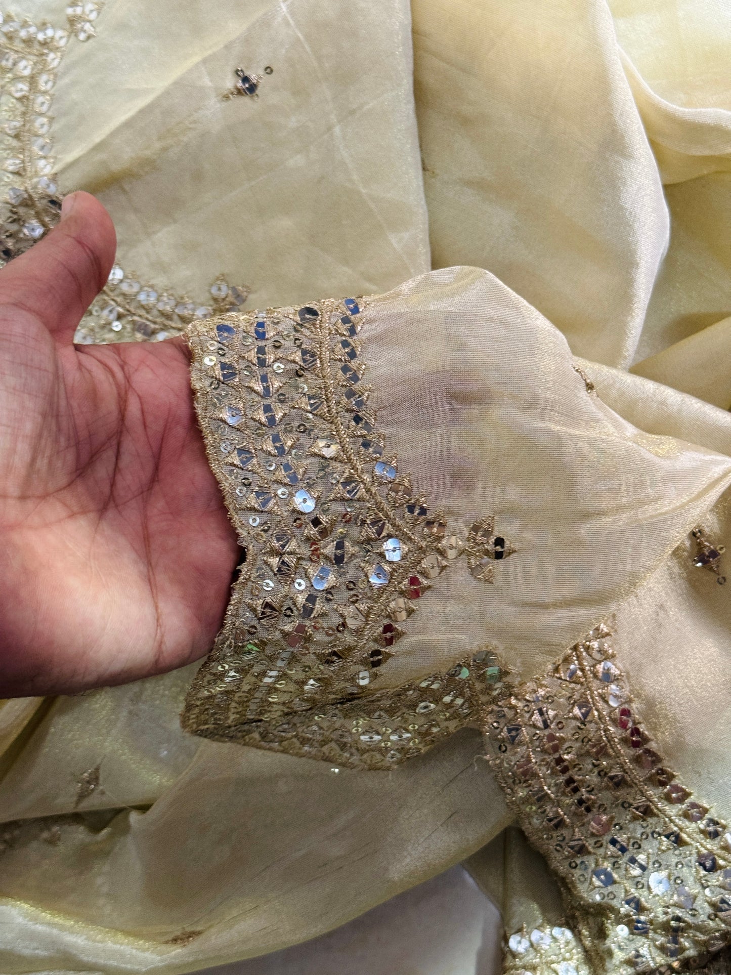 Golden Tissue Zari & Sequins Work Dupatta – Party & Bridal Wear