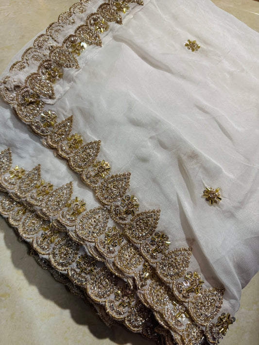 White Organza Dupatta with Scalloped Beads Work | Designer Festive Wear