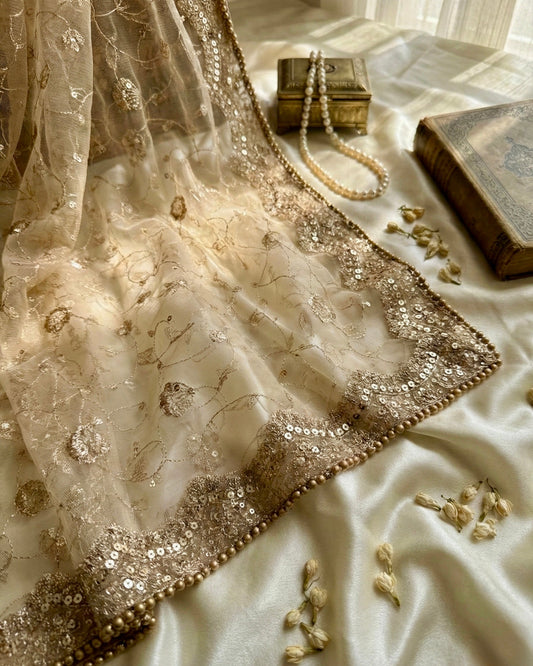 Golden Net Zari and Beads Work Dupatta for Festive Wear