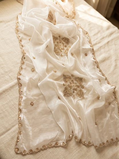 White Designer Silky Dupatta with Heavy Embroidery, Beads & Sequins