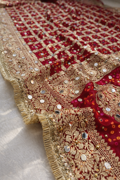 Red Banarasi Georgette Bridal Dupatta with Mirror Work