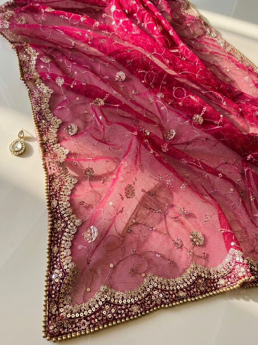 Pink Bridal Net Dupatta with Sequin & Zaal Work