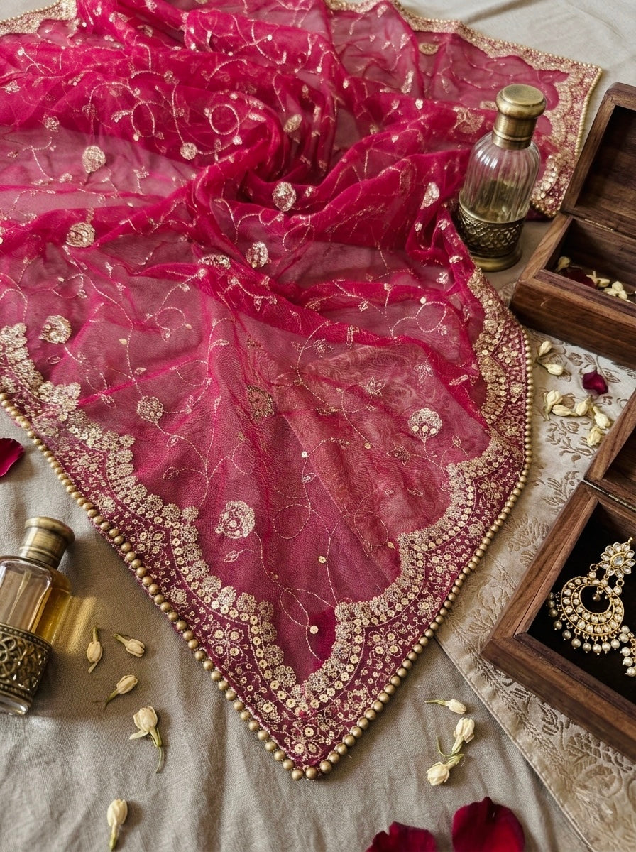 Pink Bridal Net Dupatta with Sequin & Zaal Work