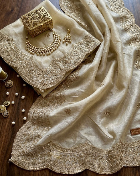 Luxury Golden Tissue Silk Dupatta with Zari Border | Wedding & Festive Wear
