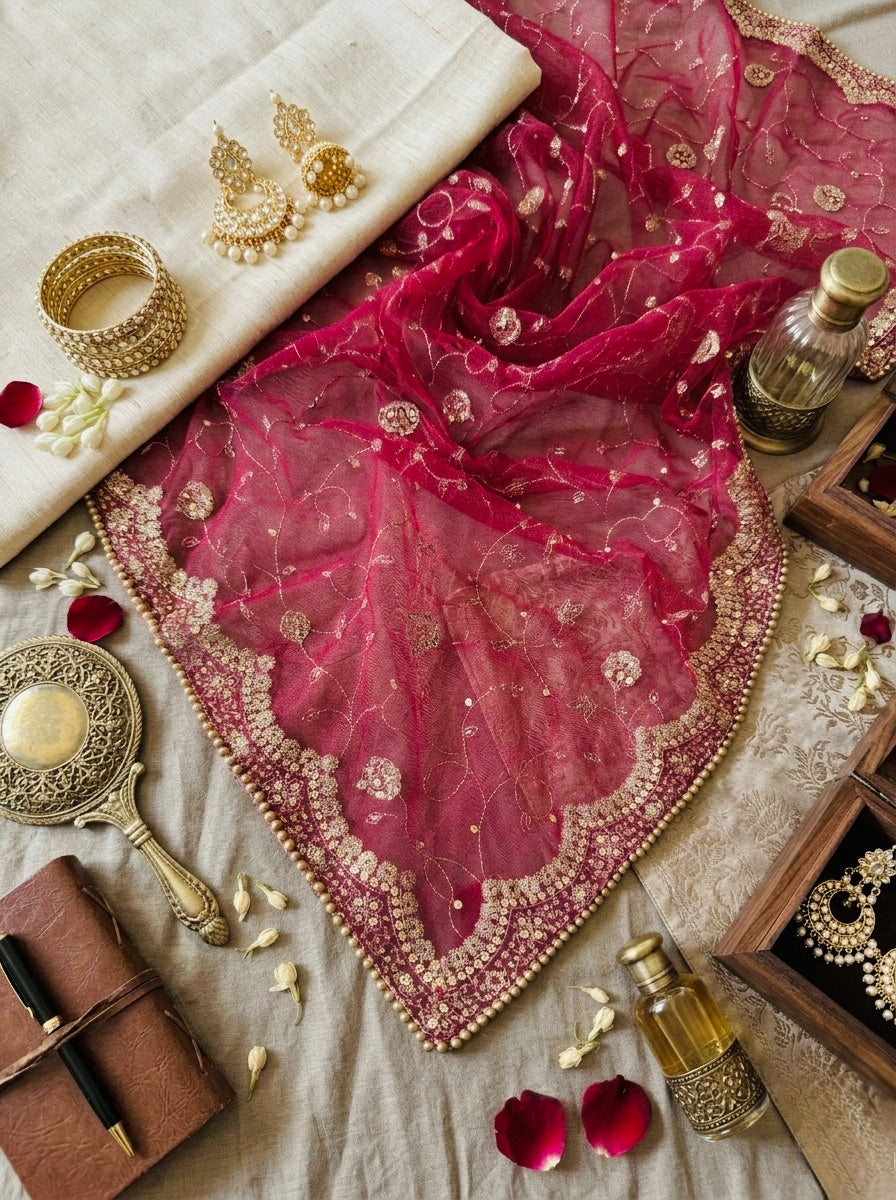 Pink Bridal Net Dupatta with Sequin & Zaal Work