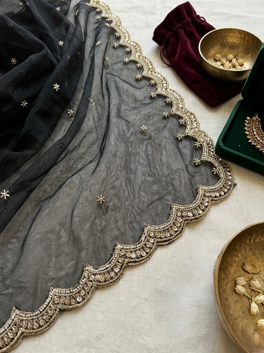 Black Bridal Net Dupatta with Zari & Beads Work