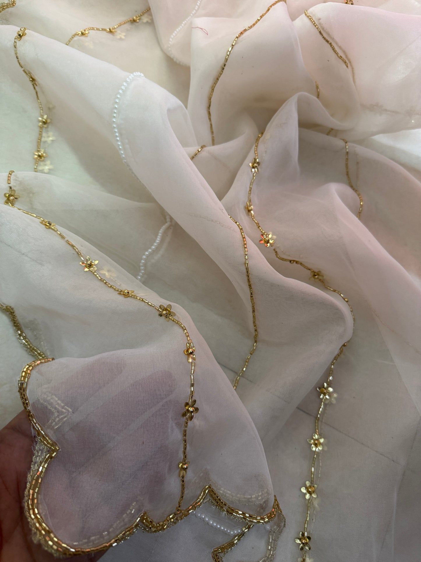 Organza Dupatta with Golden Beads & Pearl Work | Elegant Handmade Ethnic Dupatta
