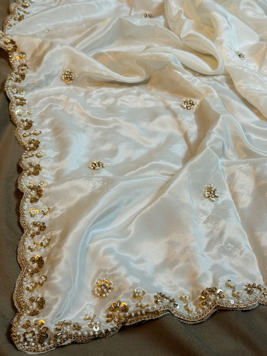 White Designer Crepe Dupatta with Scalloped Border | Beaded Edge | Festive & Bridal Wrap