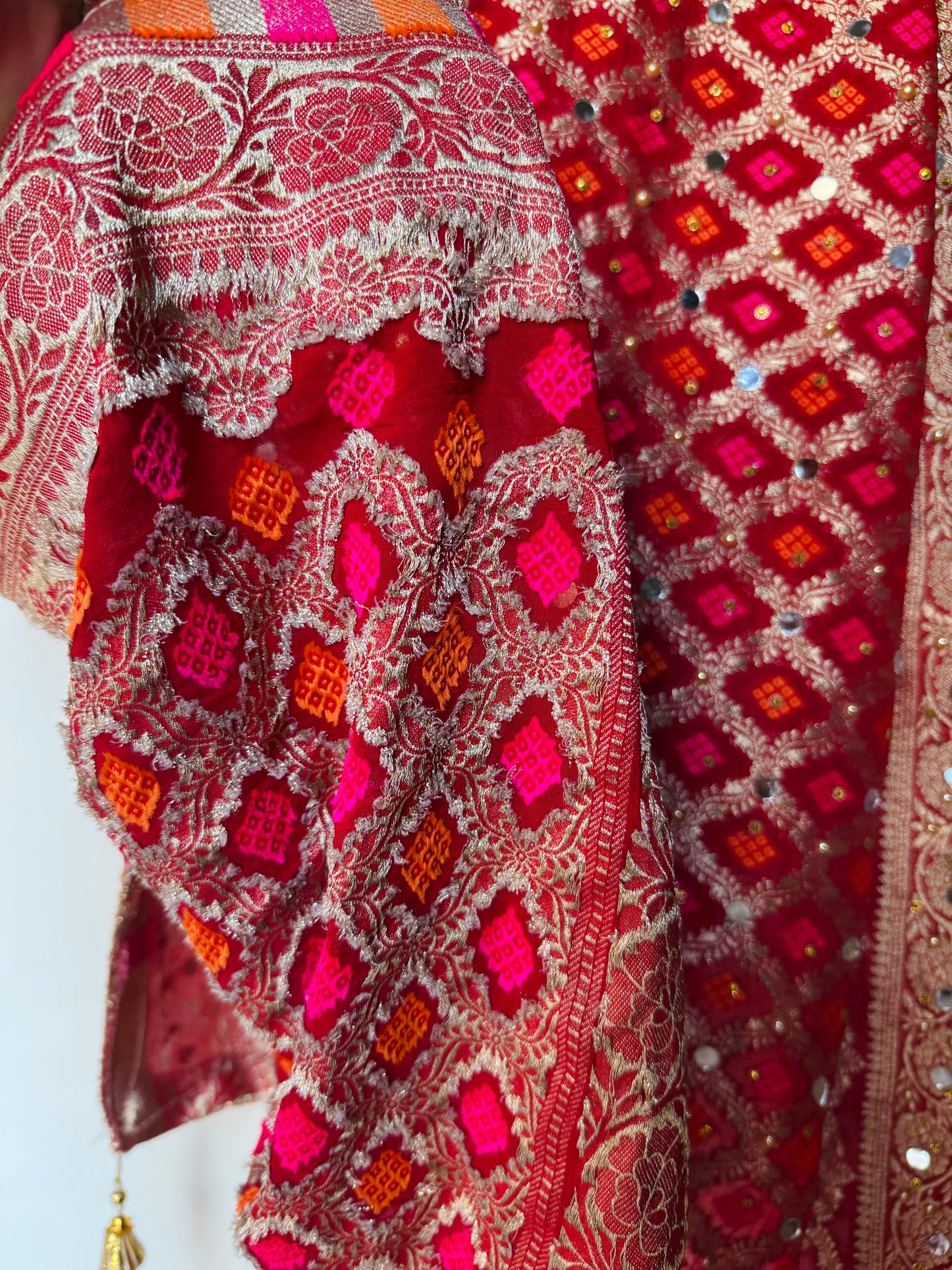 Red Banarasi Georgette Dupatta with Mirror & Stone Work – Festive & Wedding Wear