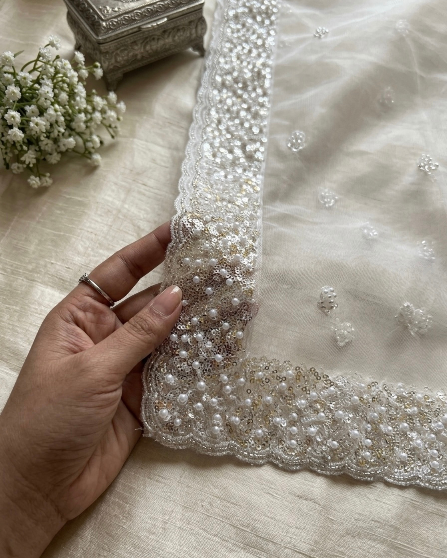 White Net Bridal Dupatta with Silver Sequins and Pearl Embellishments