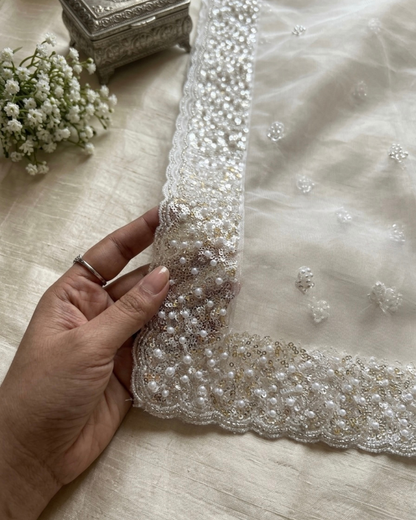 White Net Bridal Dupatta with Silver Sequins and Pearl Embellishments