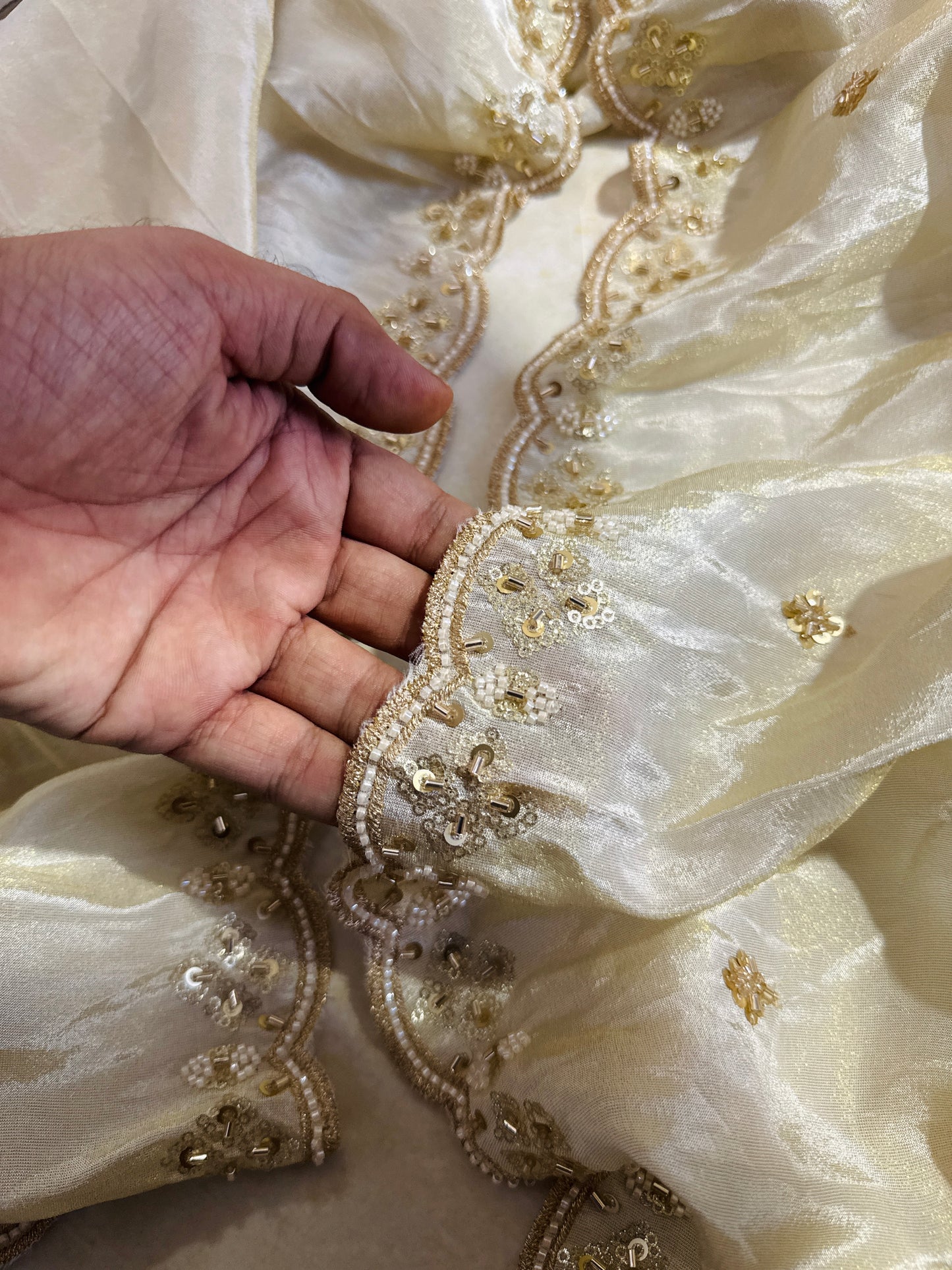 “Golden Tissue Dupatta with Beads & Zari Work