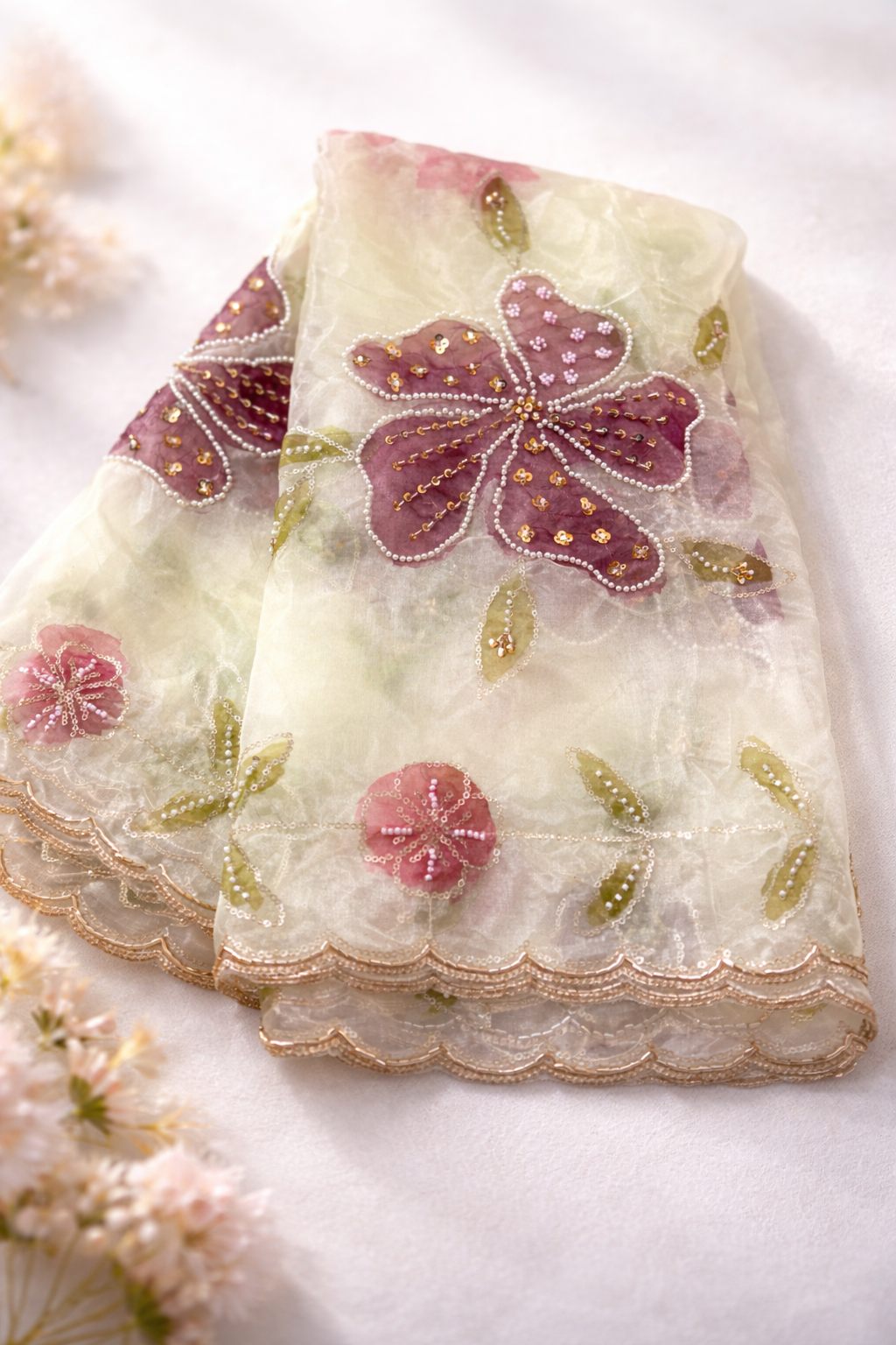 Organza Handpainted Dupatta – Designer Floral Dupatta