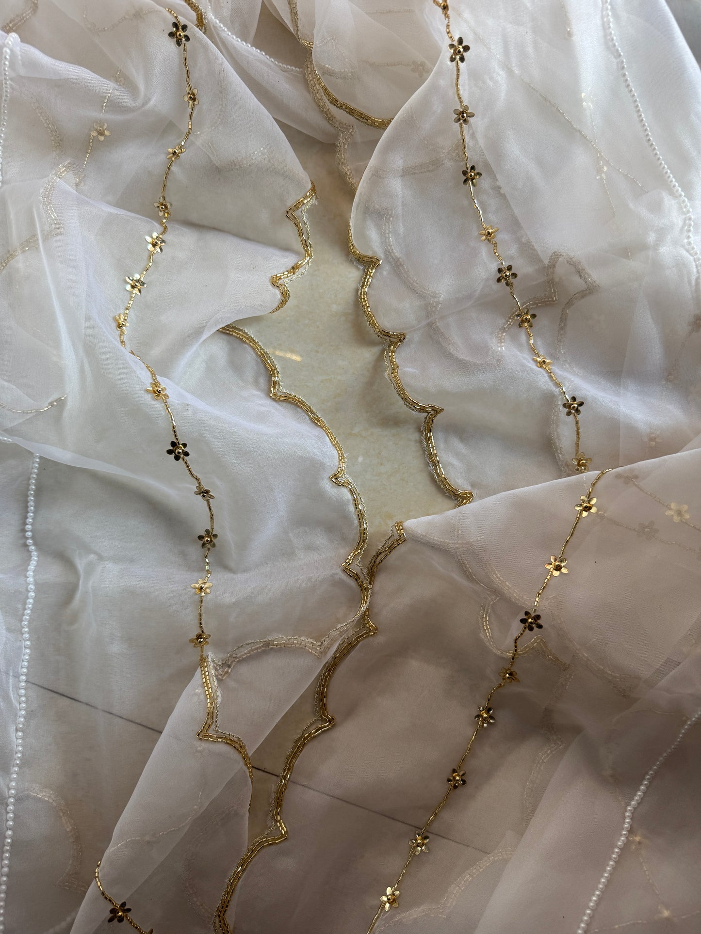 Organza Dupatta with Golden Beads & Pearl Work | Elegant Handmade Ethnic Dupatta