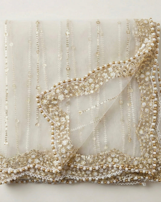 Off-White Net Dupatta with Pearl Work | Elegant Festive Wear