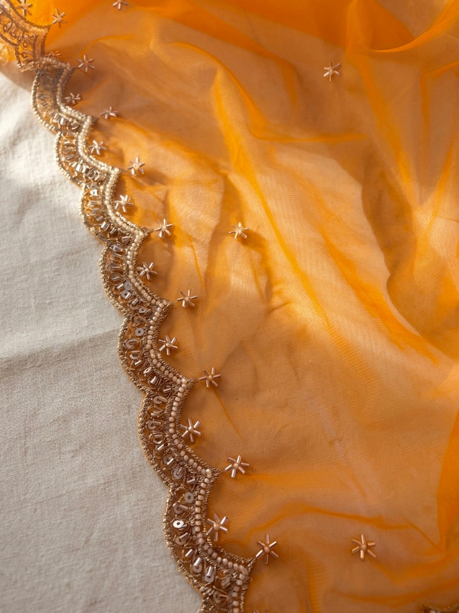 Orange Net Cutwork Dupatta with Beads & Zari Embroidery – Festive Ethnic Wear