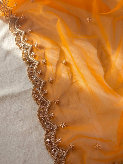Orange Net Cutwork Dupatta with Beads & Zari Embroidery – Festive Ethnic Wear
