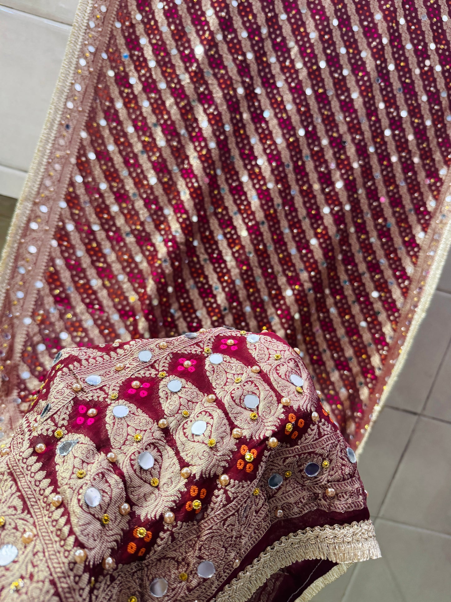 Maroon Banarasi Georgette Dupatta with Mirror & Stone Work – Festive & Wedding Wear