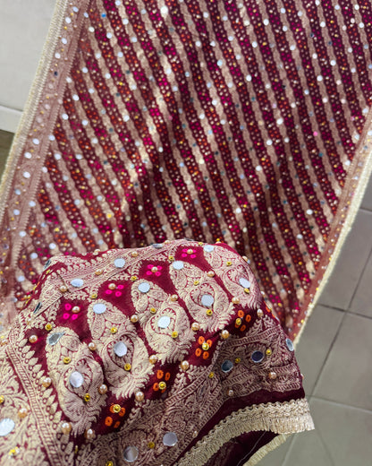 Maroon Banarasi Georgette Dupatta with Mirror & Stone Work – Festive & Wedding Wear