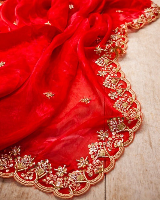 Red Bridal Silky Dupatta with Beads & Sequins Work