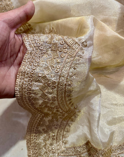 Luxury Golden Tissue Silk Dupatta with Zari Border | Wedding & Festive Wear
