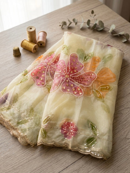 Hand Painted Organza Dupatta with Floral Art | Elegant Sheer Wrap