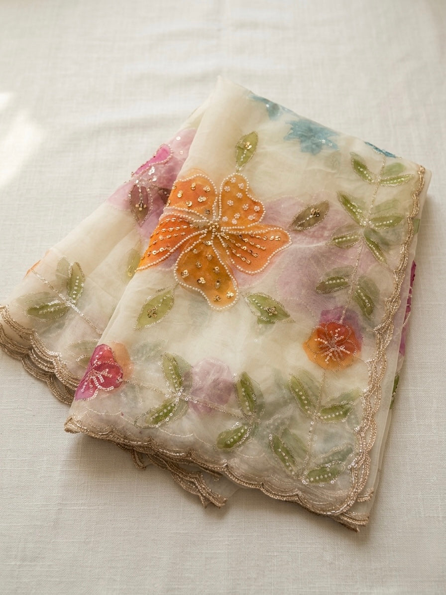 Handpainted Organza Dupatta with Pearls & Beads Work