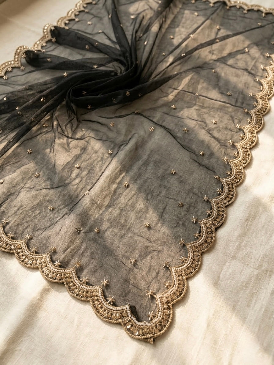 Black Bridal Net Dupatta with Zari & Beads Work