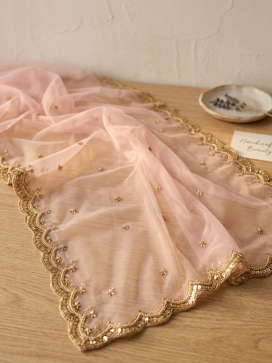 Light Pink Bridal Net Dupatta with Cutwork Border