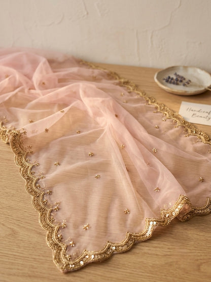 Light Pink Bridal Net Dupatta with Cutwork Border