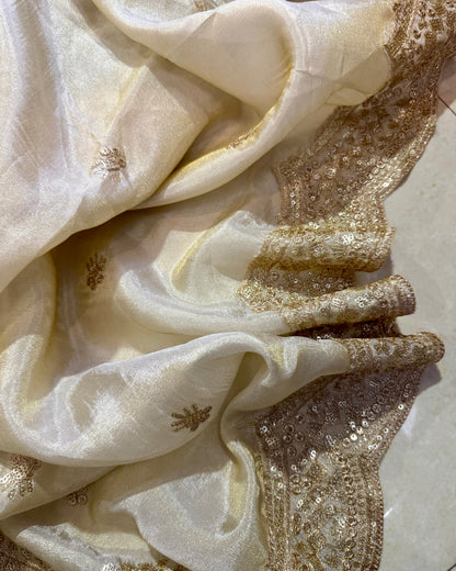Luxury Golden Tissue Silk Dupatta with Zari Border | Wedding & Festive Wear