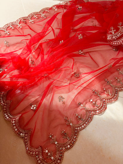 Red Bridal Net Dupatta with Sequins & Zari Cutwork Border
