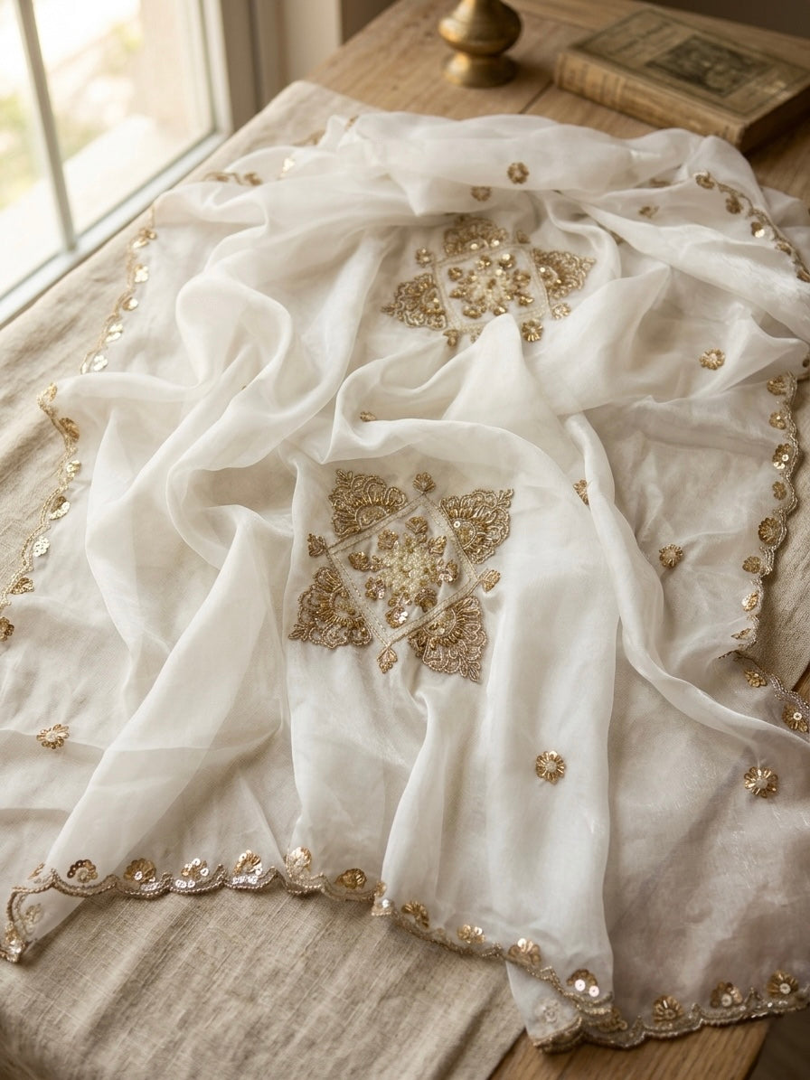 White Designer Silky Dupatta with Heavy Embroidery, Beads & Sequins