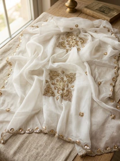 White Designer Silky Dupatta with Heavy Embroidery, Beads & Sequins