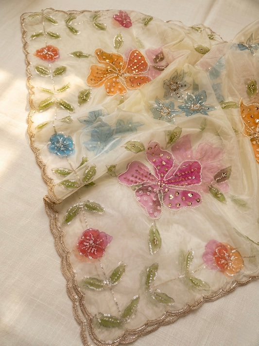 Handpainted Organza Dupatta with Pearls & Beads Work