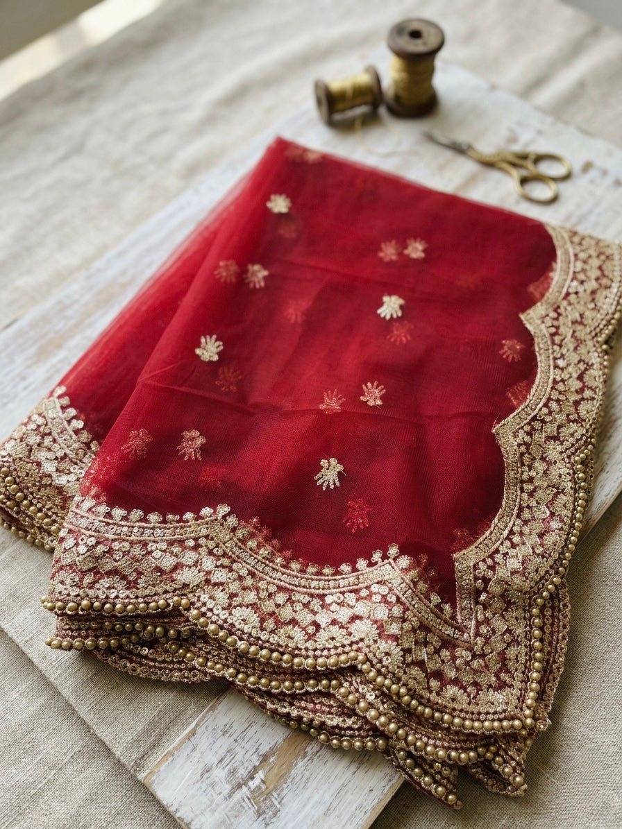 Maroon Net Bridal Dupatta with Zari Embroidery & Moti Border
