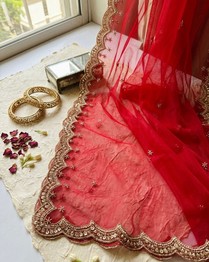 Red Bridal Net Dupatta with Zari & Beads Work – Wedding & Festive Wear